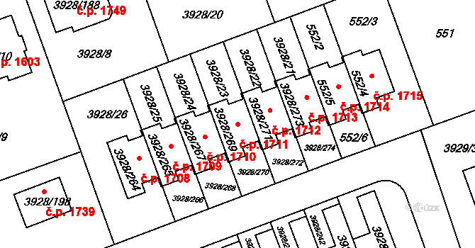 Úvaly 1711 na parcele st. 3928/269 v KÚ Úvaly u Prahy, Katastrální mapa