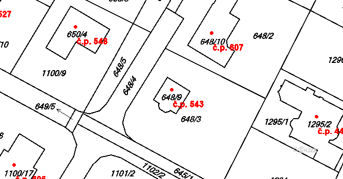 Hřebeč 543 na parcele st. 648/9 v KÚ Hřebeč, Katastrální mapa