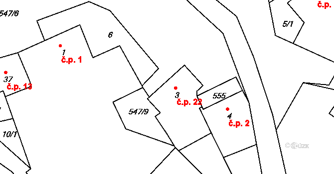 Račice 22 na parcele st. 3 v KÚ Račice u Dlouhého, Katastrální mapa