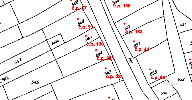 Kobeřice u Brna 201 na parcele st. 544 v KÚ Kobeřice u Brna, Katastrální mapa