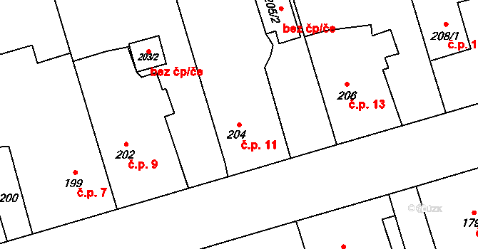 Chlebičov 11 na parcele st. 204 v KÚ Chlebičov, Katastrální mapa