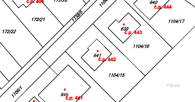 Senice na Hané 442 na parcele st. 641 v KÚ Senice na Hané, Katastrální mapa