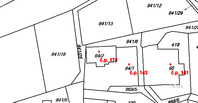 Sobíňov 176 na parcele st. 64/2 v KÚ Sobíňov, Katastrální mapa