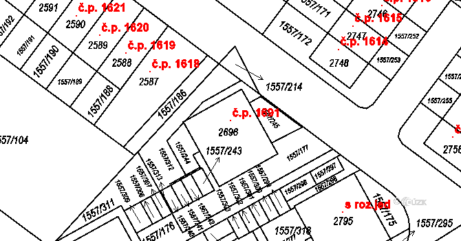 Rosice 1691 na parcele st. 2696 v KÚ Rosice u Brna, Katastrální mapa