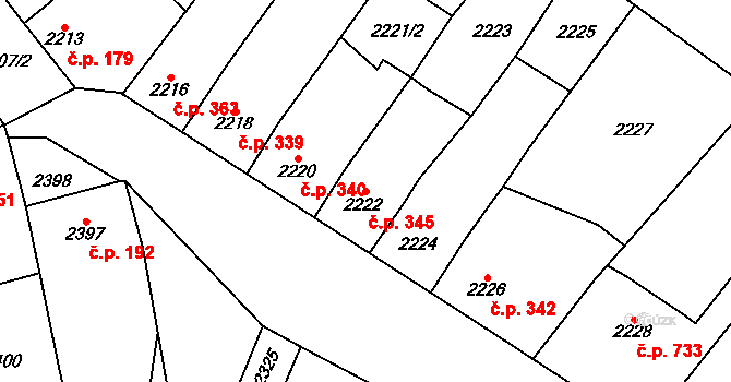 Pohořelice 345 na parcele st. 2222 v KÚ Pohořelice nad Jihlavou, Katastrální mapa