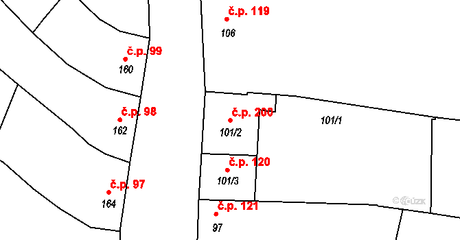 Postoupky 200, Kroměříž na parcele st. 101/2 v KÚ Miňůvky, Katastrální mapa
