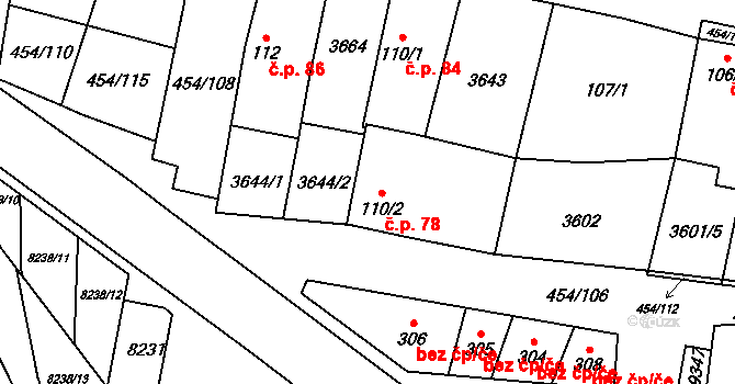 Božice 78 na parcele st. 110/2 v KÚ Božice, Katastrální mapa