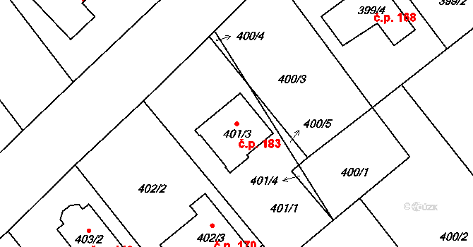 Hrdějovice 183 na parcele st. 401/3 v KÚ Hrdějovice, Katastrální mapa