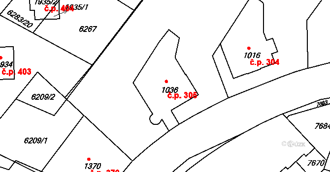 Telč-Štěpnice 305, Telč na parcele st. 1036 v KÚ Telč, Katastrální mapa