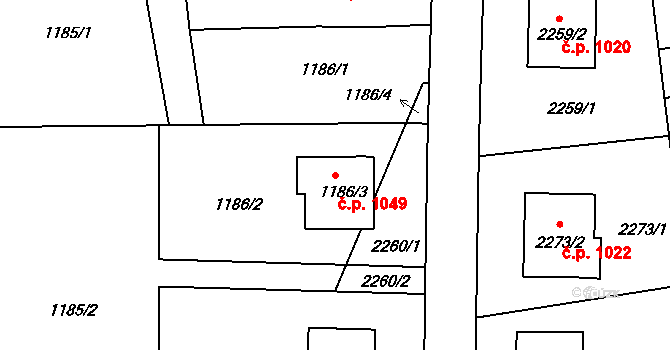 Lyžbice 1049, Třinec na parcele st. 1186/3 v KÚ Lyžbice, Katastrální mapa
