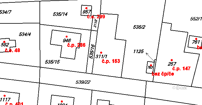 Mirošovice 153 na parcele st. 311/1 v KÚ Mirošovice u Říčan, Katastrální mapa