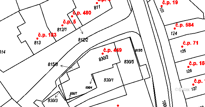 Žabčice 449 na parcele st. 830/2 v KÚ Žabčice, Katastrální mapa