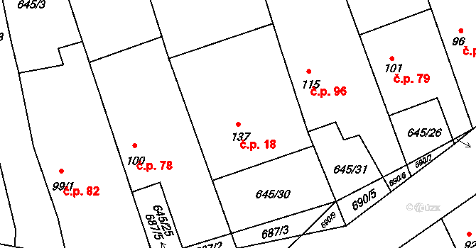 Hořešovice 18 na parcele st. 137 v KÚ Hořešovice, Katastrální mapa