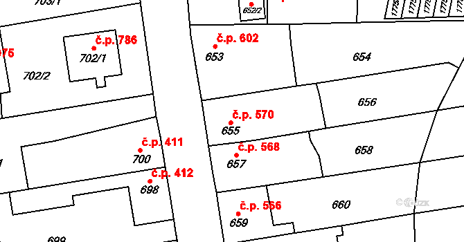 Kosmonosy 570 na parcele st. 655 v KÚ Kosmonosy, Katastrální mapa