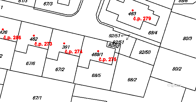 Černožice 275 na parcele st. 469/1 v KÚ Černožice nad Labem, Katastrální mapa