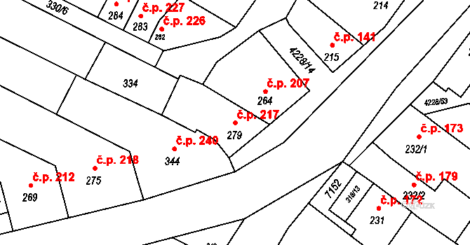 Mohelno 217 na parcele st. 279 v KÚ Mohelno, Katastrální mapa