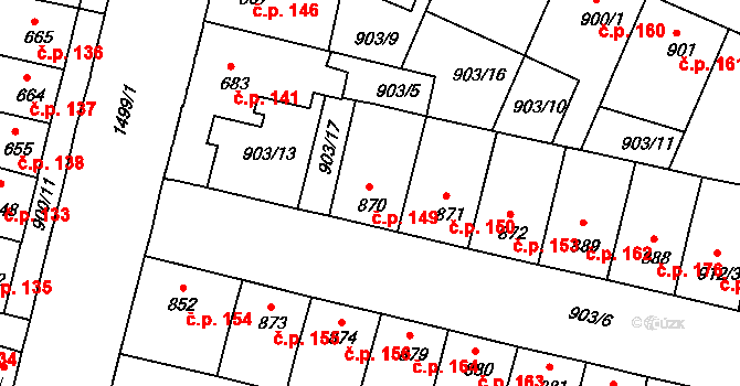 Horka-Domky 149, Třebíč na parcele st. 870 v KÚ Třebíč, Katastrální mapa