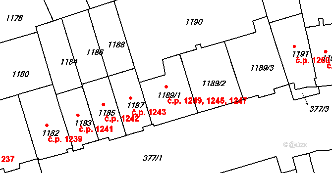 Černá Pole 1245,1247,1249, Brno na parcele st. 1189/3 v KÚ Černá Pole, Katastrální mapa