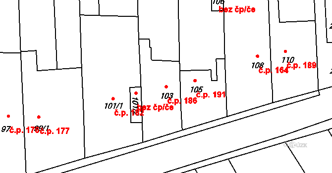 Březina 186 na parcele st. 103 v KÚ Proseč u Březiny, Katastrální mapa