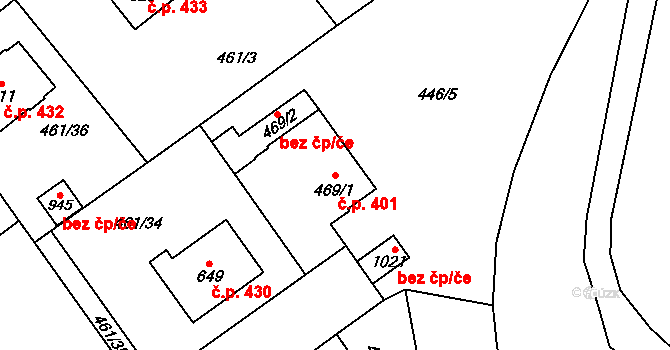 Borohrádek 401 na parcele st. 469/1 v KÚ Borohrádek, Katastrální mapa