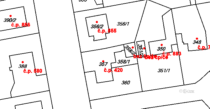 Kbely 420, Praha na parcele st. 357 v KÚ Kbely, Katastrální mapa
