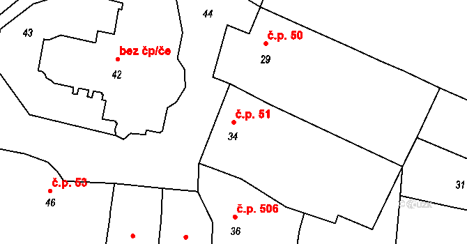 Střelice 51 na parcele st. 34 v KÚ Střelice u Brna, Katastrální mapa
