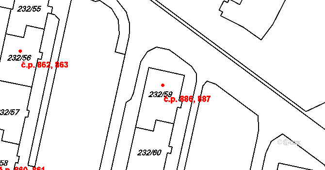 Lobzy 886,887, Plzeň na parcele st. 232/59 v KÚ Lobzy, Katastrální mapa