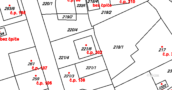 Červený Hrádek 302, Plzeň na parcele st. 221/6 v KÚ Červený Hrádek u Plzně, Katastrální mapa