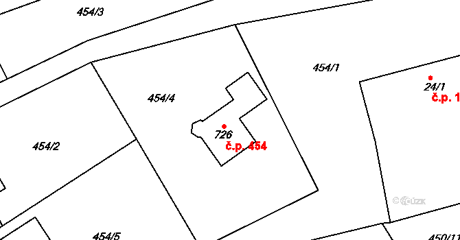 Jistebník 454 na parcele st. 726 v KÚ Jistebník, Katastrální mapa