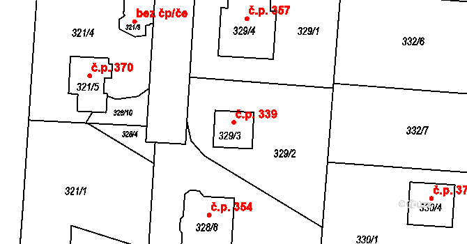 Komárov 339, Opava na parcele st. 329/3 v KÚ Komárov u Opavy, Katastrální mapa