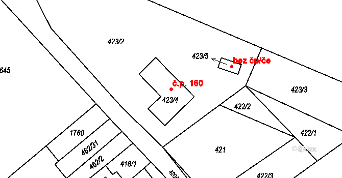 Tušť 160, Suchdol nad Lužnicí na parcele st. 423/4 v KÚ Tušť, Katastrální mapa