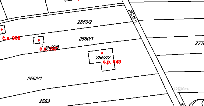 Jundrov 849, Brno na parcele st. 2552/2 v KÚ Jundrov, Katastrální mapa