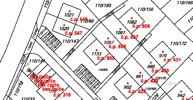 Dolní Jirčany 605, Psáry na parcele st. 1133 v KÚ Dolní Jirčany, Katastrální mapa
