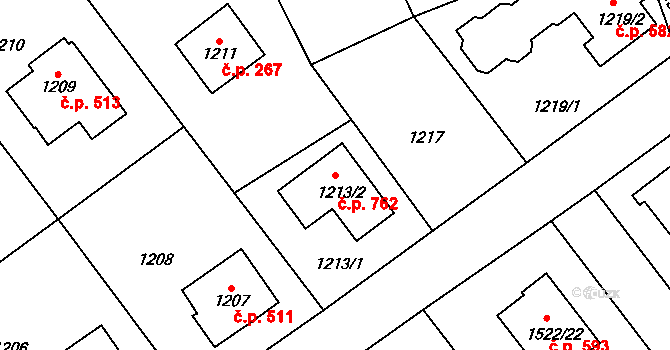 Vinoř 762, Praha na parcele st. 1213/2 v KÚ Vinoř, Katastrální mapa