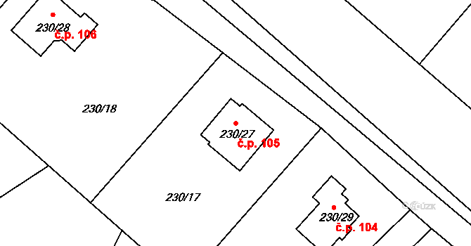 Přestanov 105 na parcele st. 230/27 v KÚ Přestanov, Katastrální mapa