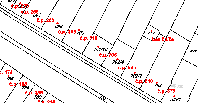 Blučina 705 na parcele st. 701/10 v KÚ Blučina, Katastrální mapa