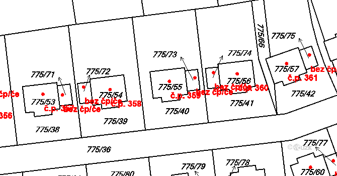 Dýšina 359 na parcele st. 775/55 v KÚ Dýšina, Katastrální mapa