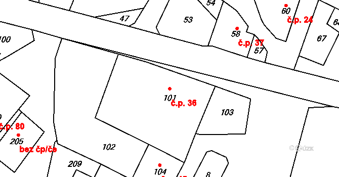 Prosetín 36 na parcele st. 101 v KÚ Prosetín u Bystřice nad Pernštejnem, Katastrální mapa