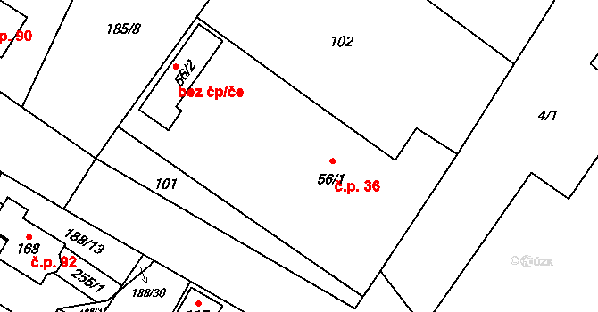 Milostovice 36, Opava na parcele st. 56/1 v KÚ Milostovice, Katastrální mapa