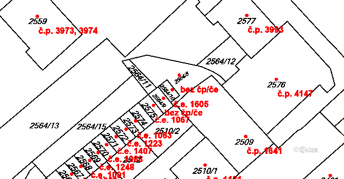 Chomutov 1605 na parcele st. 2564/10 v KÚ Chomutov I, Katastrální mapa