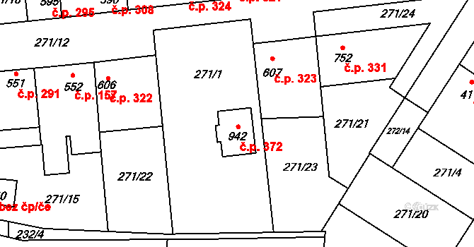 Humny 372, Pchery na parcele st. 942 v KÚ Pchery, Katastrální mapa