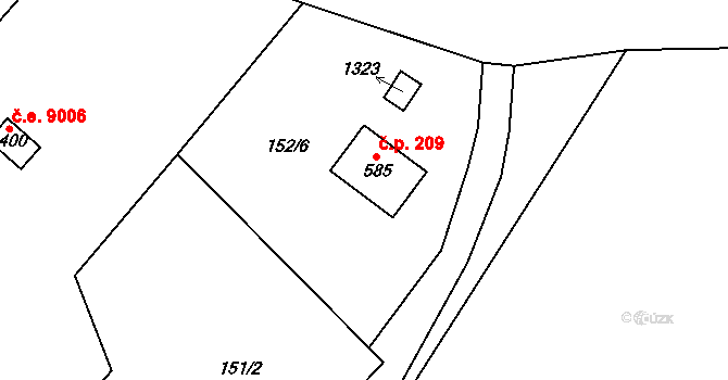 Děčín XXVII-Březiny 209, Děčín na parcele st. 585 v KÚ Březiny u Děčína, Katastrální mapa