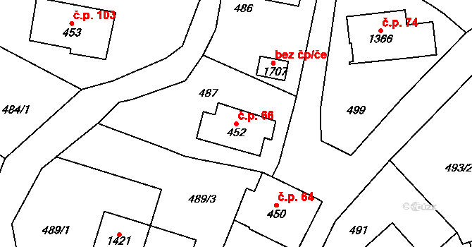 Králíky 66 na parcele st. 452 v KÚ Králíky, Katastrální mapa