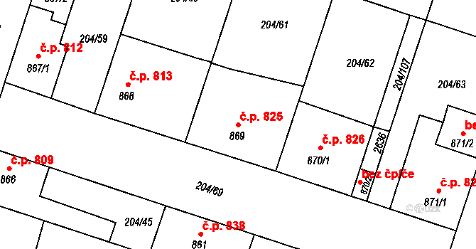 Přeštice 825 na parcele st. 869 v KÚ Přeštice, Katastrální mapa