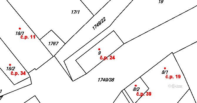 Smědeč 24, Ktiš na parcele st. 9 v KÚ Smědeč, Katastrální mapa