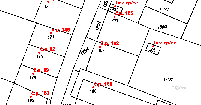 Mutějovice 163 na parcele st. 197 v KÚ Mutějovice, Katastrální mapa