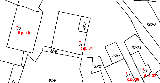 Staré Bříště 34 na parcele st. 70 v KÚ Staré Bříště, Katastrální mapa