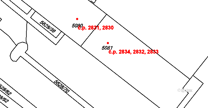 Žatec 2832,2833,2834 na parcele st. 5081 v KÚ Žatec, Katastrální mapa