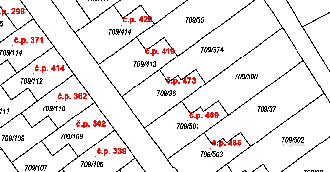 Popůvky 473 na parcele st. 709/36 v KÚ Popůvky u Brna, Katastrální mapa