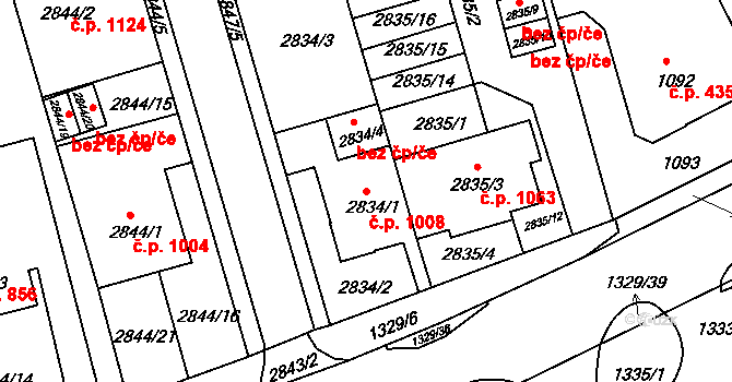 Holešov 1008 na parcele st. 2834/1 v KÚ Holešov, Katastrální mapa